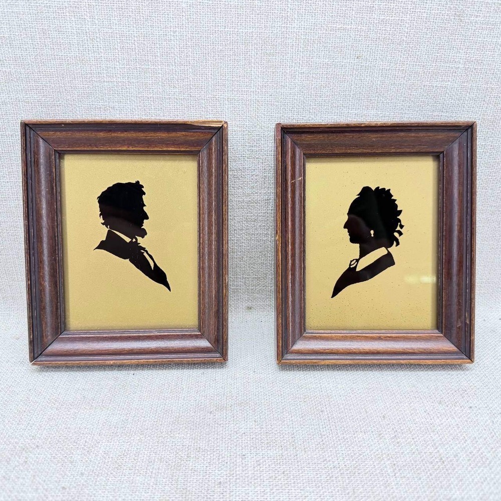 Vintage Silhouette Wall Art Pair Man Woman Profile Wood Frames 5x6 Gold Backing